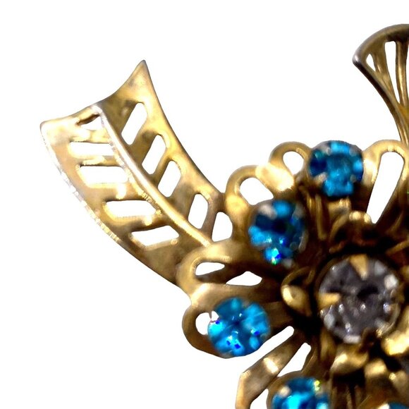 Vintage Blue Faceted Flower Gold Tone Fashion Brooch Pin Open Work Round Stones - Picture 6 of 9